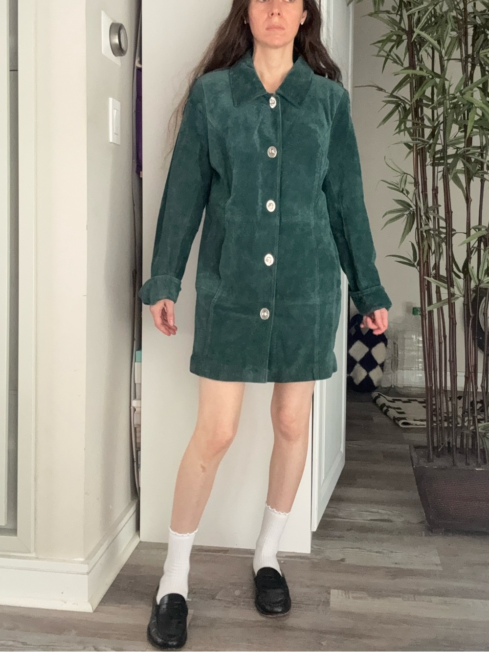 Vintage Green Suede Metal Button-Front Coat